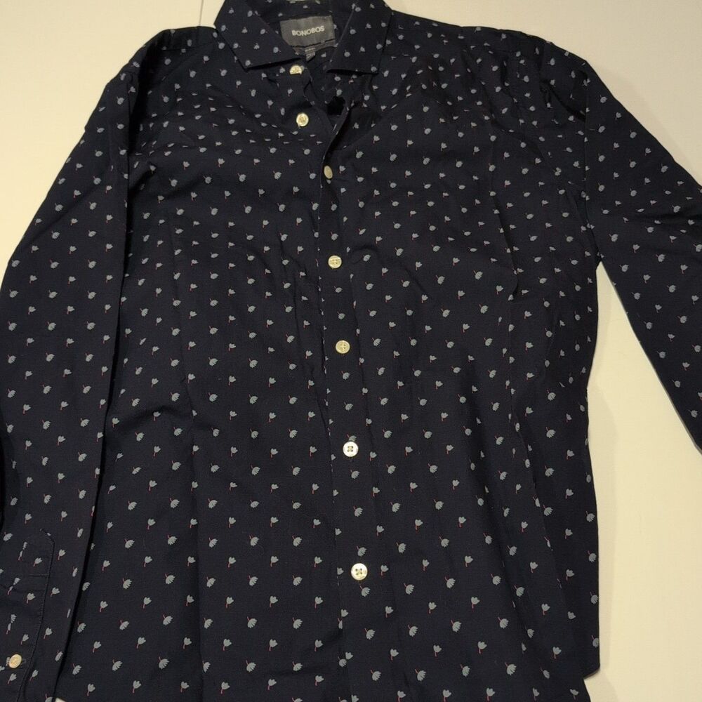 Bonobos Mens Slim Fit Button Down Size L 100% Cotton Printed Navy Blue‎
